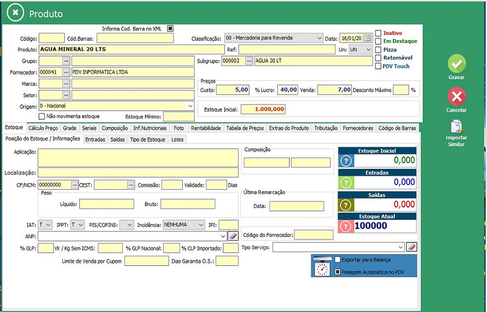 cadastro de produtos